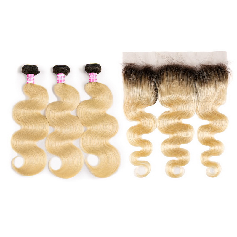 Black Roots 1b/613 Ombre Color Body Wave Virgin Hair Bundles With 13x4 Lace Frontal